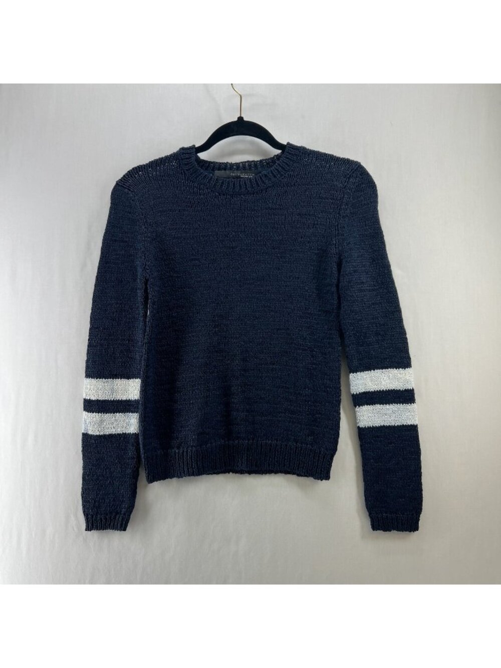 360 Sweater Italian Yarn Open Knit Pullover Womens XS Stripe Crewneck Navy White